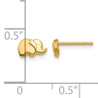 A pair of small gold elephant stud earrings shown front and side view with a measurement scale indicating approximately 0.5 inches in width.