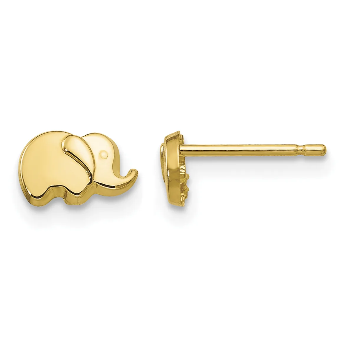 Pair of gold elephant stud earrings shown from front and back views, featuring polished finish and post-and-post backs.