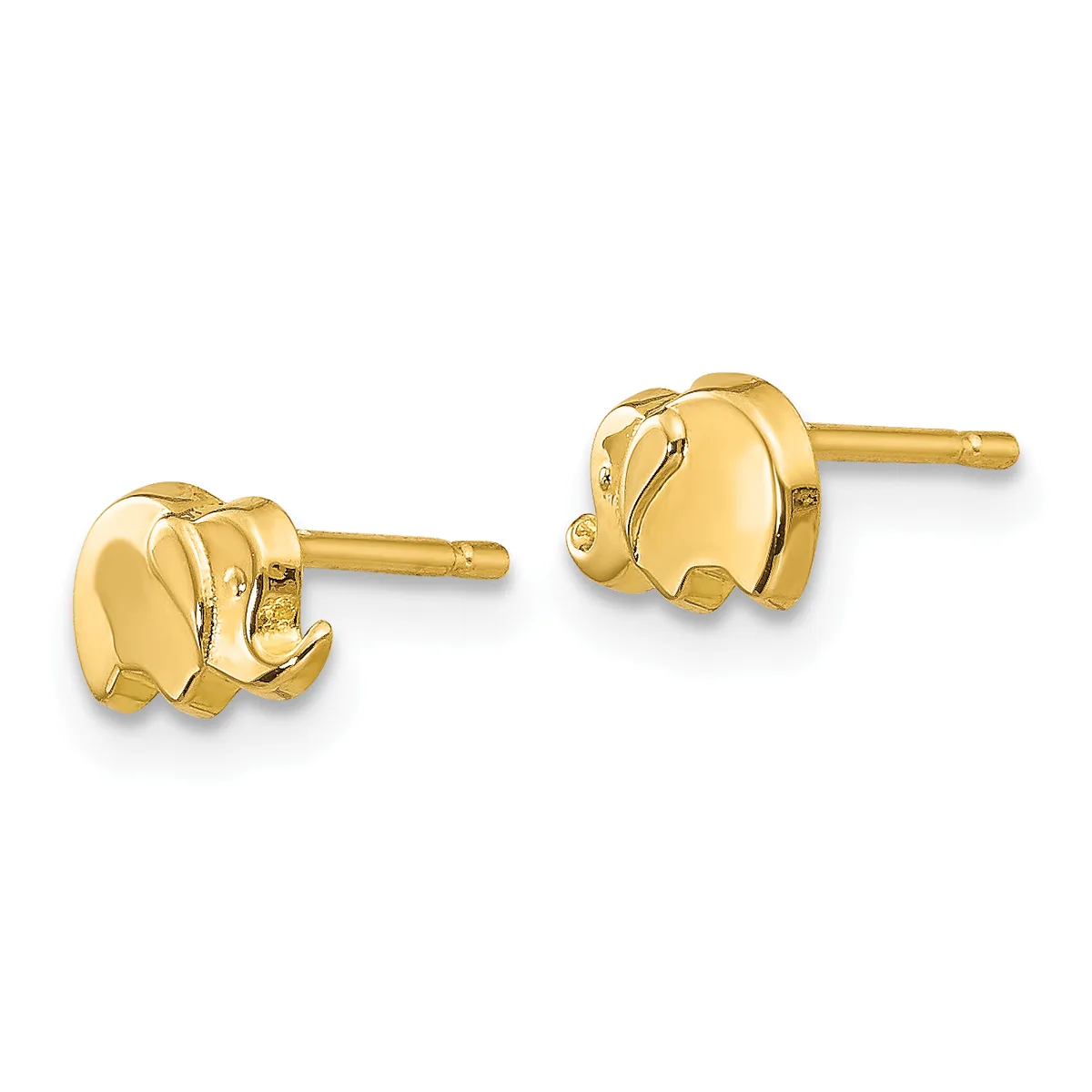 A pair of gold elephant-shaped stud earrings with post and clutch backs, shown from the front against a white background.