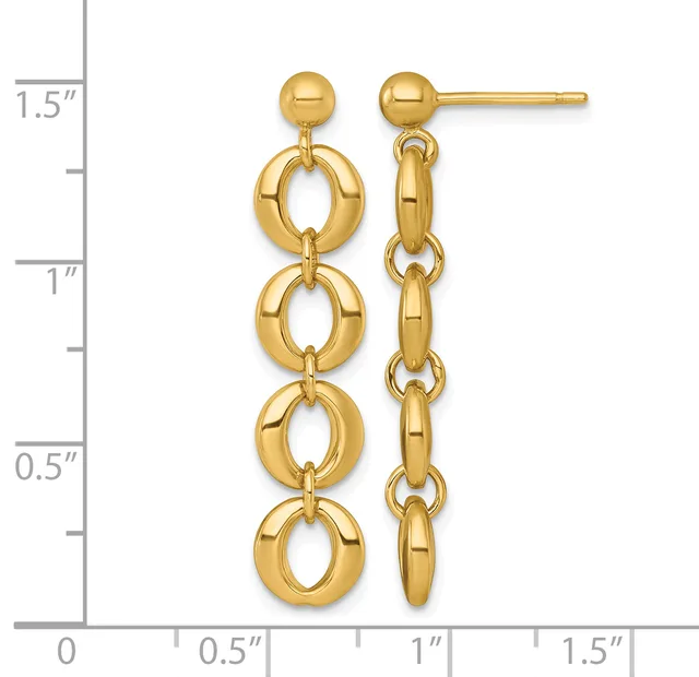 Pair of gold dangle earrings with ball studs and four linked oval rings, displayed against a measurement scale showing approximately 1.5 inches in length.