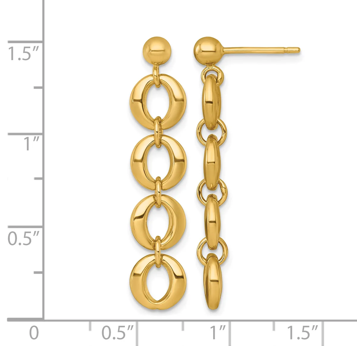 Pair of gold dangle earrings with ball studs and four linked oval rings, displayed against a measurement scale showing approximately 1.5 inches in length.