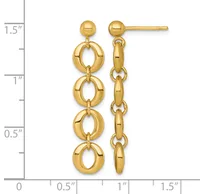 Pair of gold dangle earrings with ball studs and four linked oval rings, displayed against a measurement scale showing approximately 1.5 inches in length.