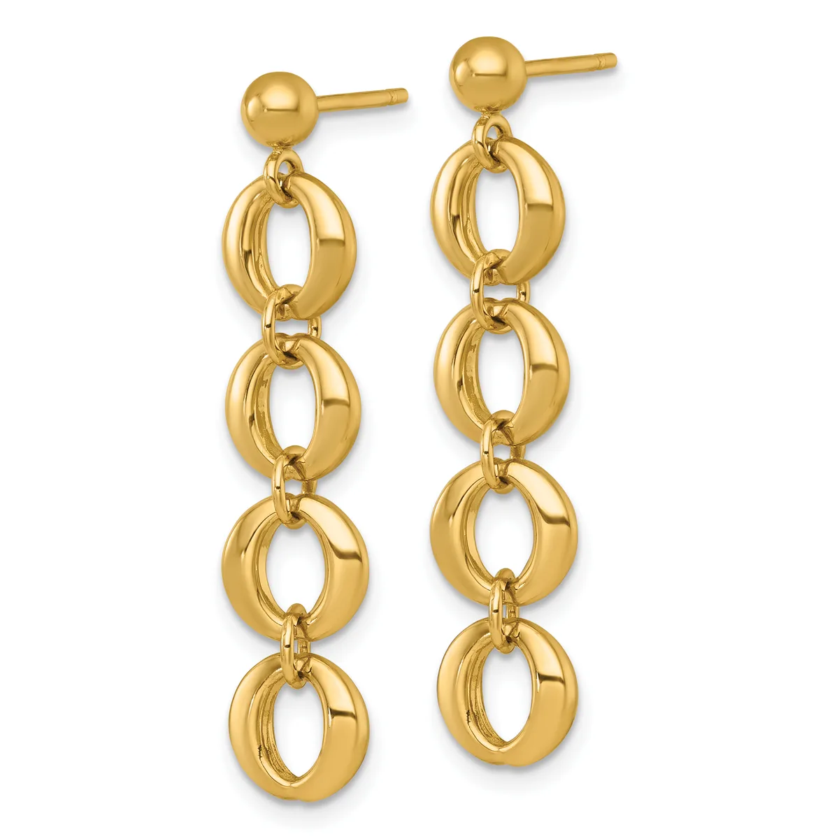 Pair of gold-colored dangle earrings with ball studs and four linked oval rings hanging from each ear.