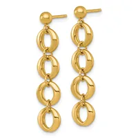 Pair of gold-colored dangle earrings with ball studs and four linked oval rings hanging from each ear.
