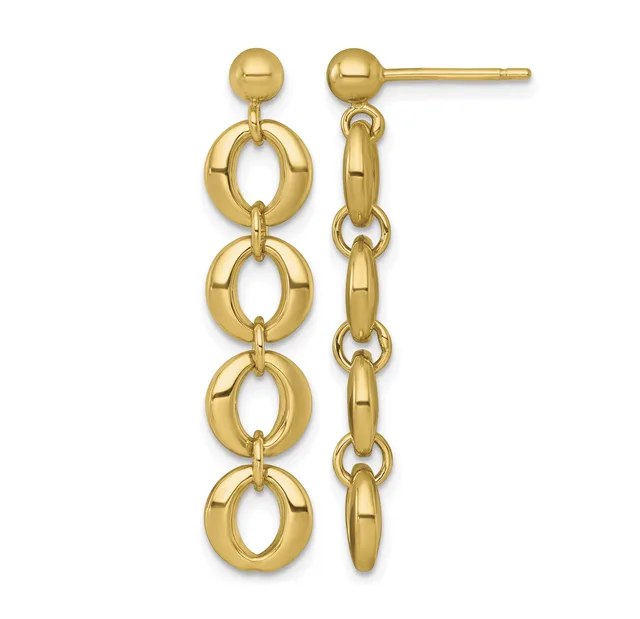A pair of gold dangle earrings with post backs, each featuring four connected oval links in a polished finish suspended from a small spherical stud.