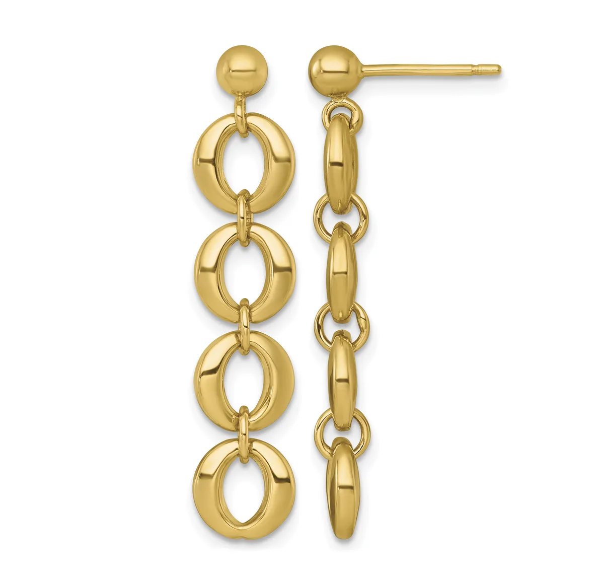 A pair of gold dangle earrings with post backs, each featuring four connected oval links in a polished finish suspended from a small spherical stud.