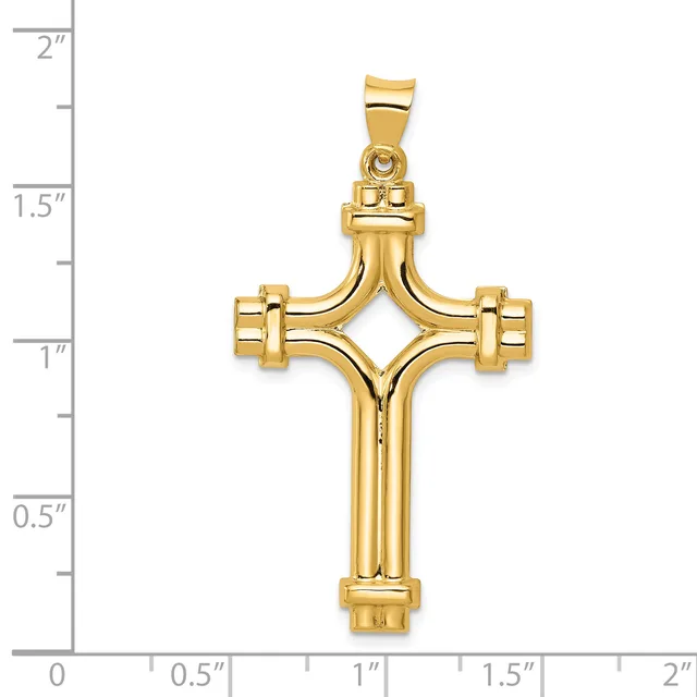 Gold-toned cross pendant with decorative square terminals at each arm, shown against a ruler measuring approximately 1.75 inches in height.