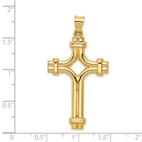 Gold-toned cross pendant with decorative square terminals at each arm, shown against a ruler measuring approximately 1.75 inches in height.