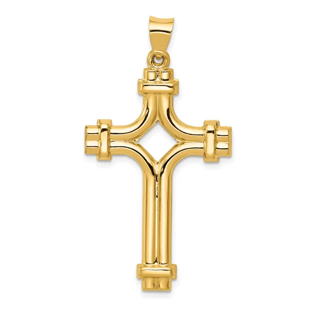 A gold cross pendant with curved arms featuring decorative rectangular details at each endpoint and a small loop attachment at the top.
