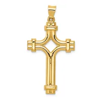 A gold cross pendant with curved arms featuring decorative rectangular details at each endpoint and a small loop attachment at the top.