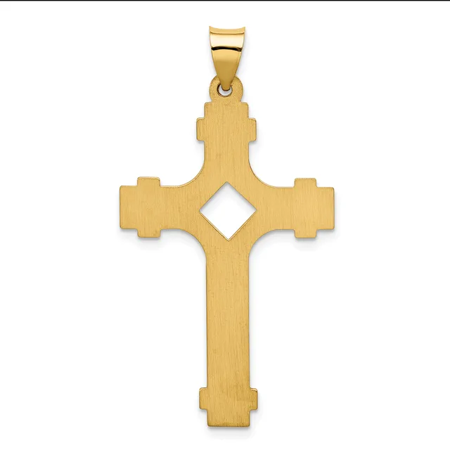 A gold cross pendant with a brushed finish and a small diamond-shaped cutout in the center, shown against a white background.