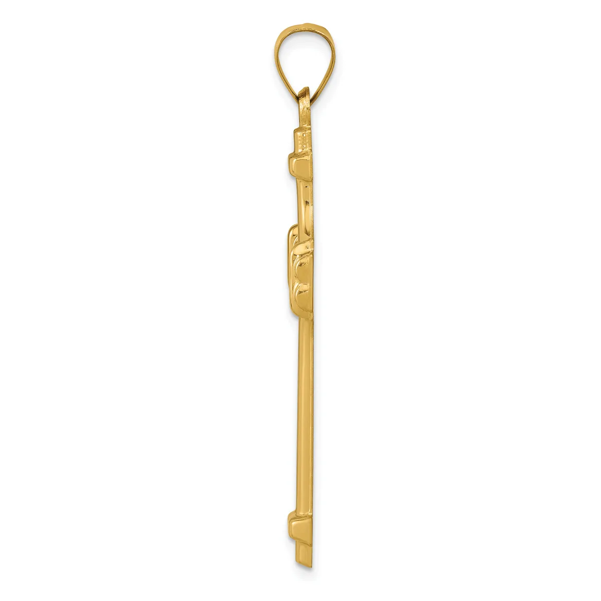 A long, narrow gold pendant with decorative carved details along the shaft and a loop at the top for hanging.