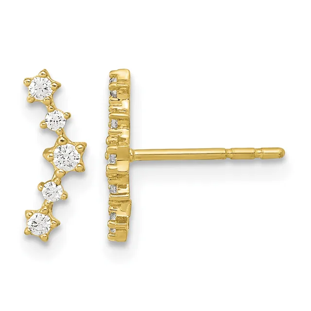 Pair of gold stud earrings with five graduated round cubic zirconia stones arranged vertically along the post, shown from front and back views.