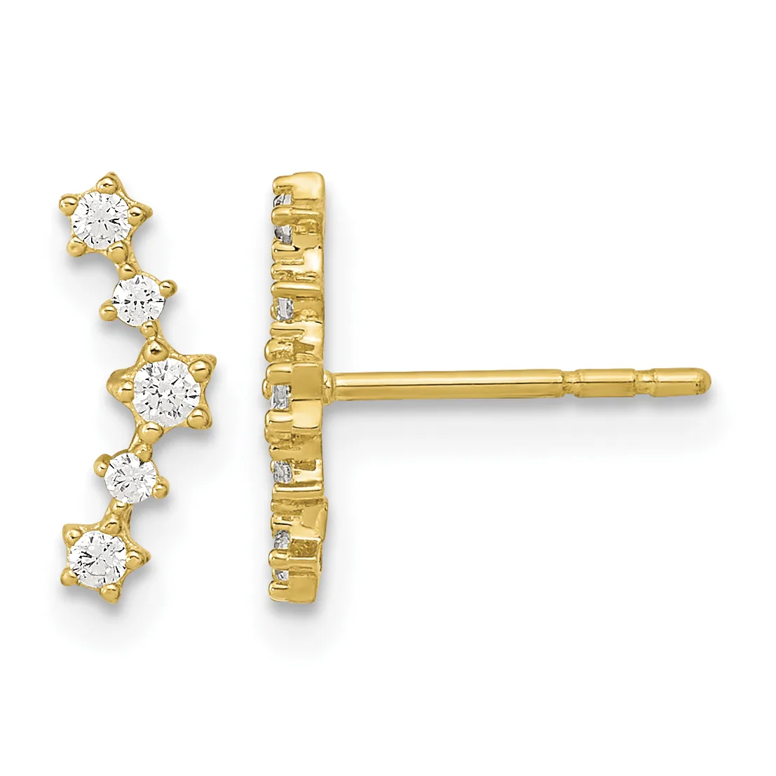 Pair of gold stud earrings with five graduated round cubic zirconia stones arranged vertically along the post, shown from front and back views.