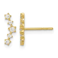 Pair of gold stud earrings with five graduated round cubic zirconia stones arranged vertically along the post, shown from front and back views.