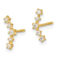 A pair of gold stud earrings with multiple round white stones arranged in a vertical curved line on each earring.