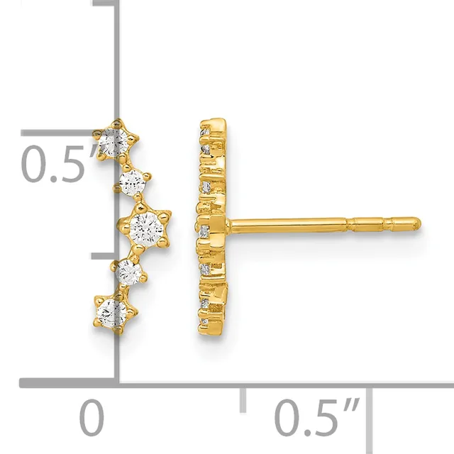 Gold stud earrings with five round cubic zirconia stones arranged vertically, displayed on a measurement scale showing approximately 0.5 inches in length.