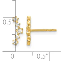 Gold stud earrings with five round cubic zirconia stones arranged vertically, displayed on a measurement scale showing approximately 0.5 inches in length.