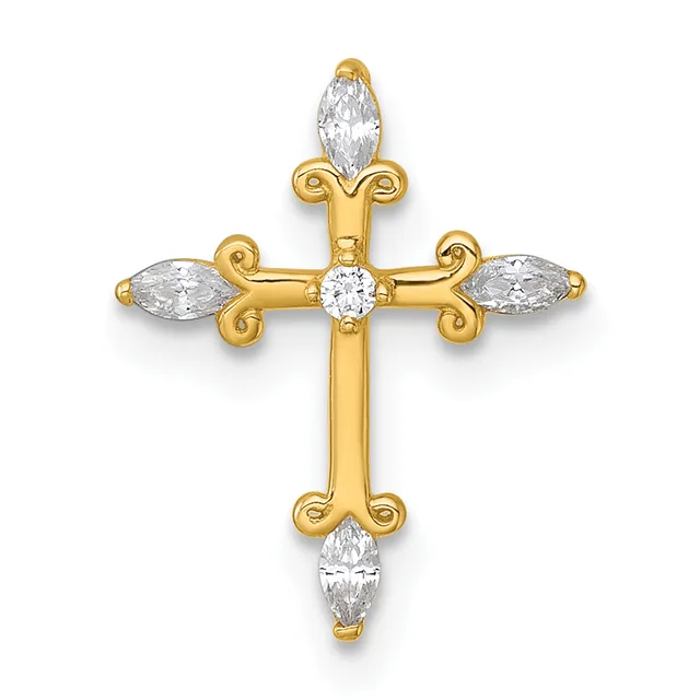 Gold cross pendant with marquise and round diamond settings at the cardinal points and center, displayed against a white background.