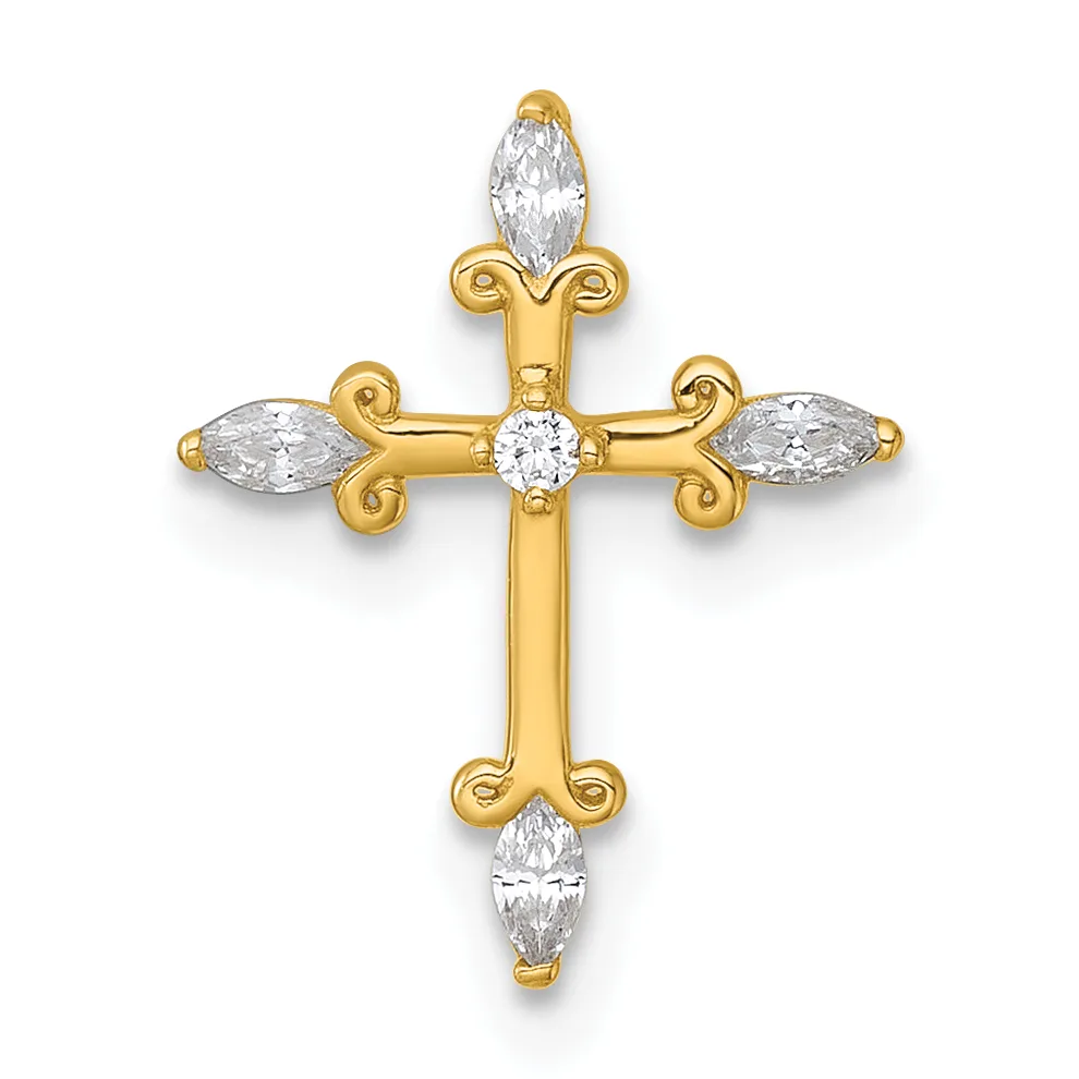 Gold cross pendant with marquise and round diamond settings at the cardinal points and center, displayed against a white background.
