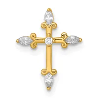Gold cross pendant with marquise and round diamond settings at the cardinal points and center, displayed against a white background.