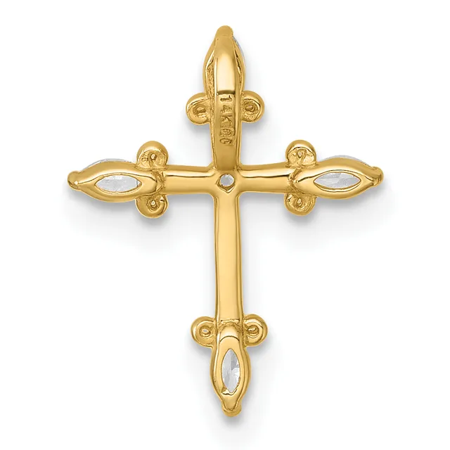 Gold cross pendant with oval white stone accents at the four cardinal points and center, featuring decorative scrolled terminals and a small hallmark on the vertical shaft.