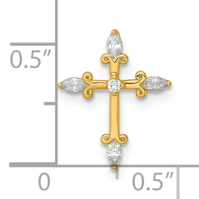 Gold cross pendant with marquise and round cubic zirconia stones at cardinal points, displayed against a measurement scale showing approximately 0.5 inches in width and height.