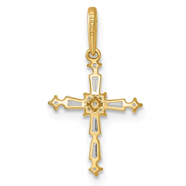 A gold cross pendant with a rectangular center stone and small floral design, featuring a bail loop at the top.