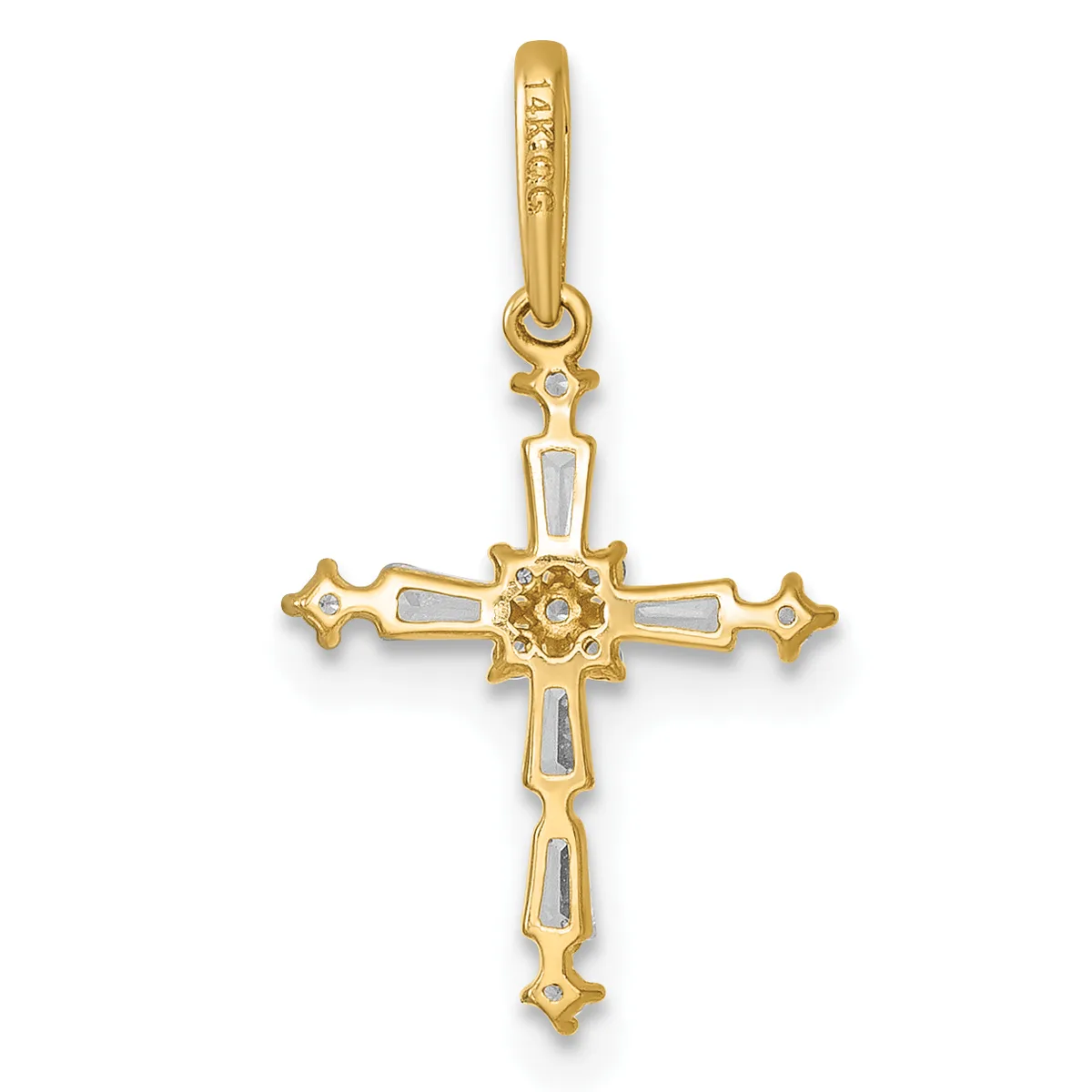 A gold cross pendant with a rectangular center stone and small floral design, featuring a bail loop at the top.