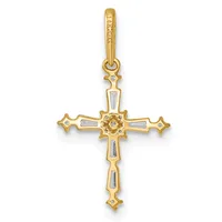 A gold cross pendant with a rectangular center stone and small floral design, featuring a bail loop at the top.