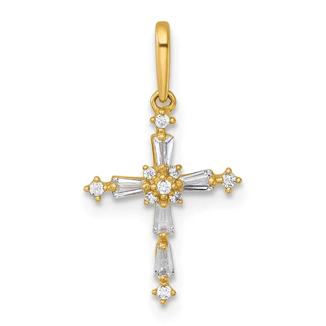 Gold cross pendant with round and baguette-cut cubic zirconia stones arranged in a decorative pattern throughout, suspended from a gold bail.