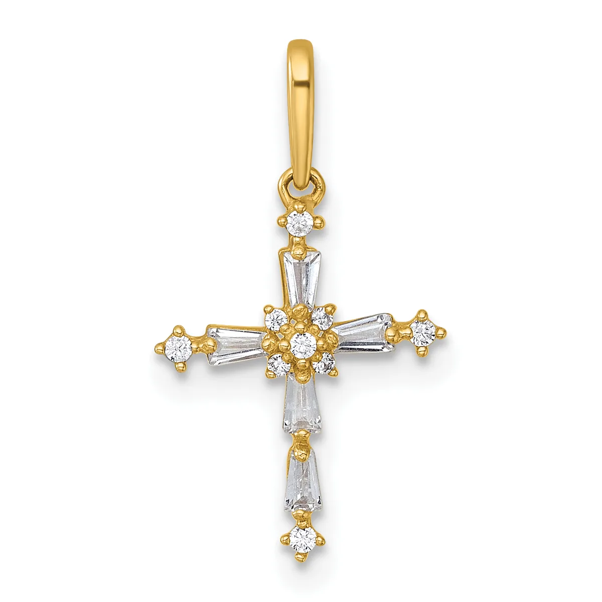 Gold cross pendant with round and baguette-cut cubic zirconia stones arranged in a decorative pattern throughout, suspended from a gold bail.