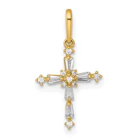 Gold cross pendant with round and baguette-cut cubic zirconia stones arranged in a decorative pattern throughout, suspended from a gold bail.