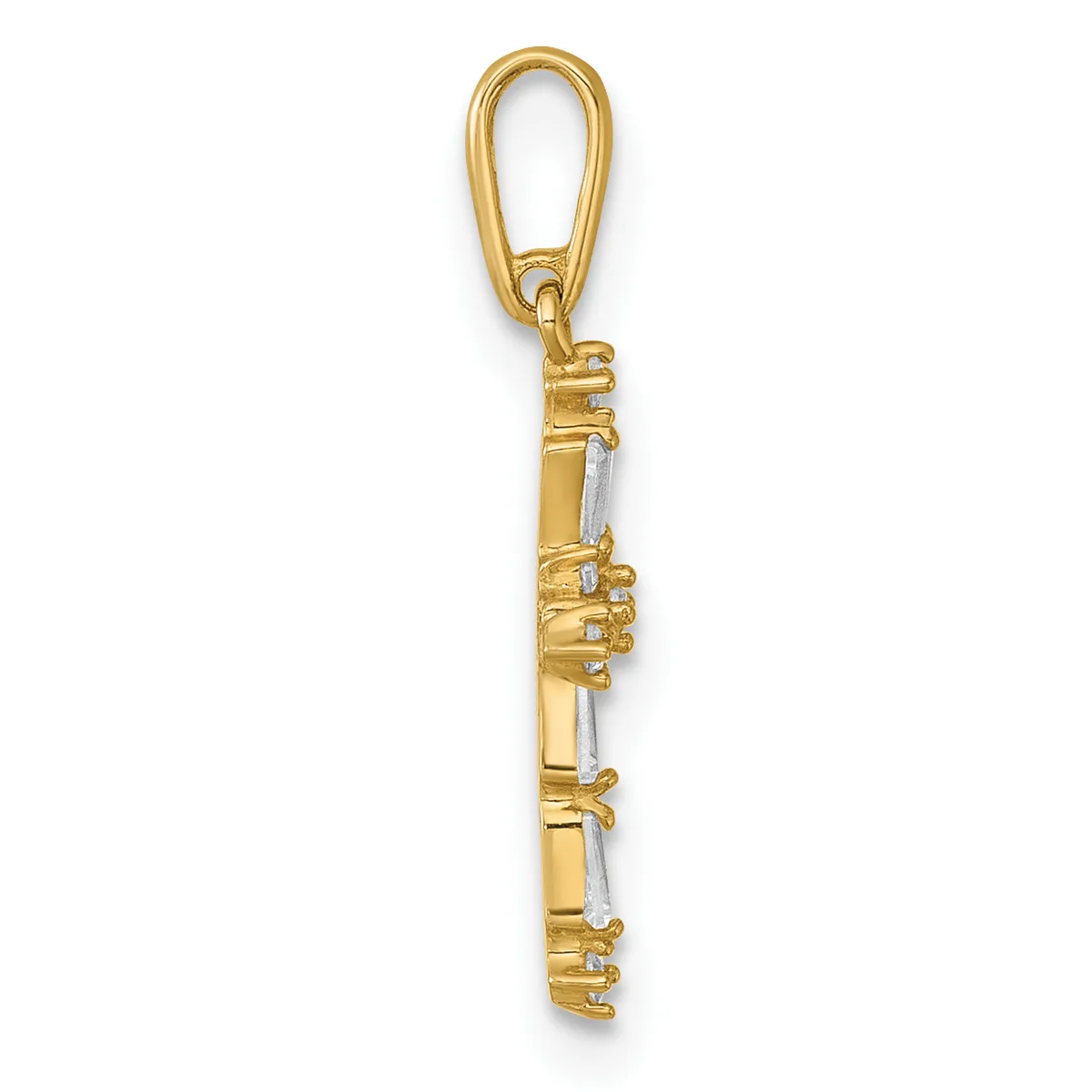Gold flute charm pendant with loop bail and small diamond accents along the body, shown against a white background.