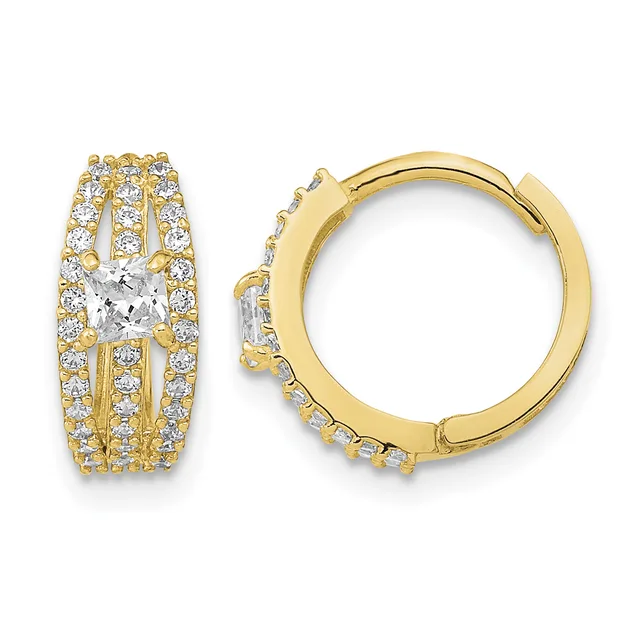A pair of gold hoop earrings with square-cut diamond centers surrounded by smaller diamonds set in multiple rows along the band.