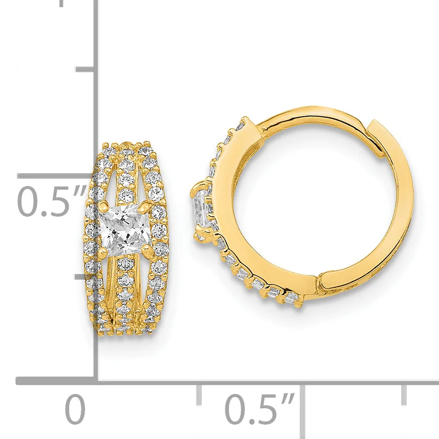 Gold-toned hoop earrings with cubic zirconia stones, shown from front and side views with a measurement scale indicating approximately 0.5 inches in diameter.