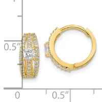Gold-toned hoop earrings with cubic zirconia stones, shown from front and side views with a measurement scale indicating approximately 0.5 inches in diameter.