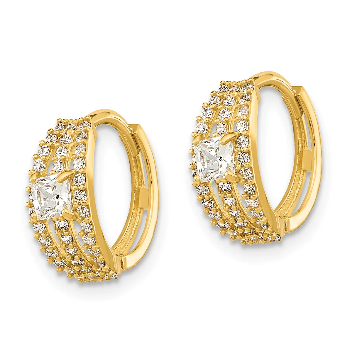 Pair of gold hoop earrings with square-cut cubic zirconia centers surrounded by smaller round cubic zirconia stones in a paved setting, shown from the front.
