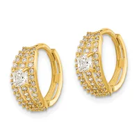 Pair of gold hoop earrings with square-cut cubic zirconia centers surrounded by smaller round cubic zirconia stones in a paved setting, shown from the front.