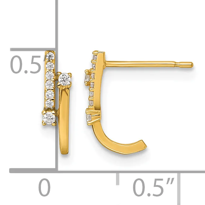 Gold curved stud earrings with round diamond accents along the top edge, shown front and back view with measurement scale indicating approximately 0.5 inches in height.