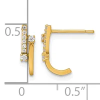 Gold curved stud earrings with round diamond accents along the top edge, shown front and back view with measurement scale indicating approximately 0.5 inches in height.