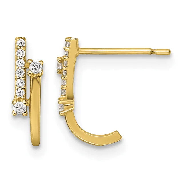 Pair of gold curved hoop earrings with diamond accents along the upper edge, shown from front and side views.