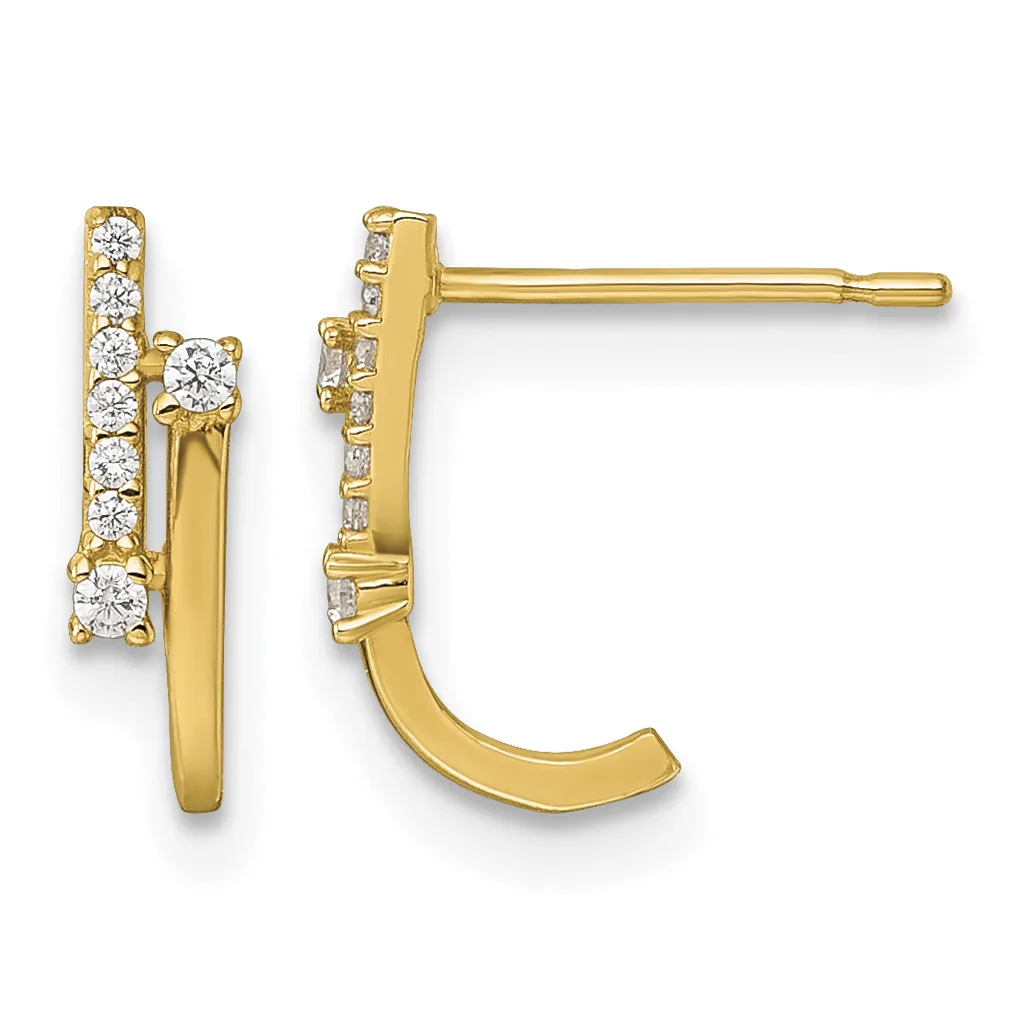 Pair of gold curved hoop earrings with diamond accents along the upper edge, shown from front and side views.