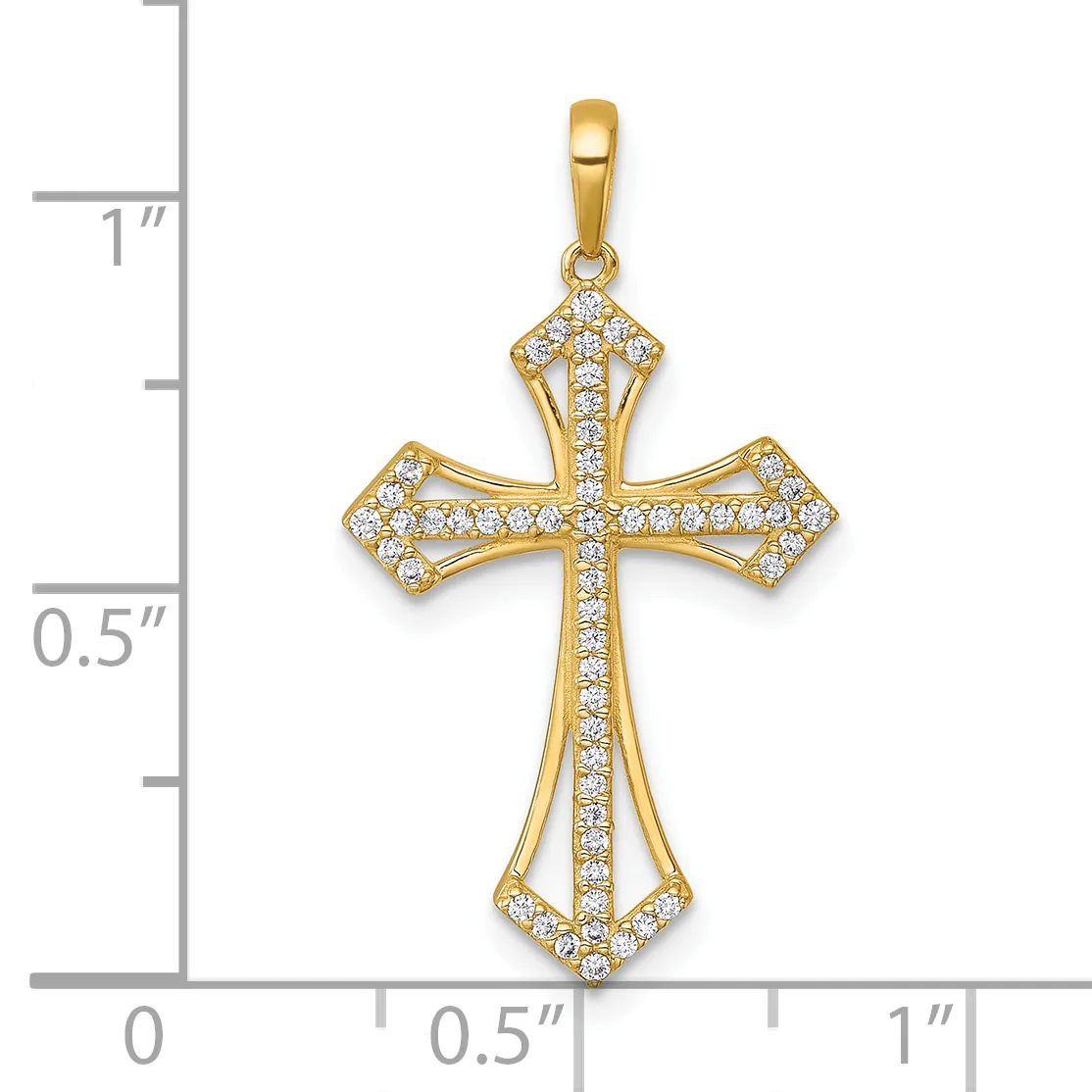 Gold cross pendant with cubic zirconia stones set throughout, displayed against a measurement scale showing approximately one inch in height.