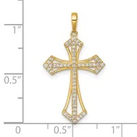 Gold cross pendant with cubic zirconia stones set throughout, displayed against a measurement scale showing approximately one inch in height.