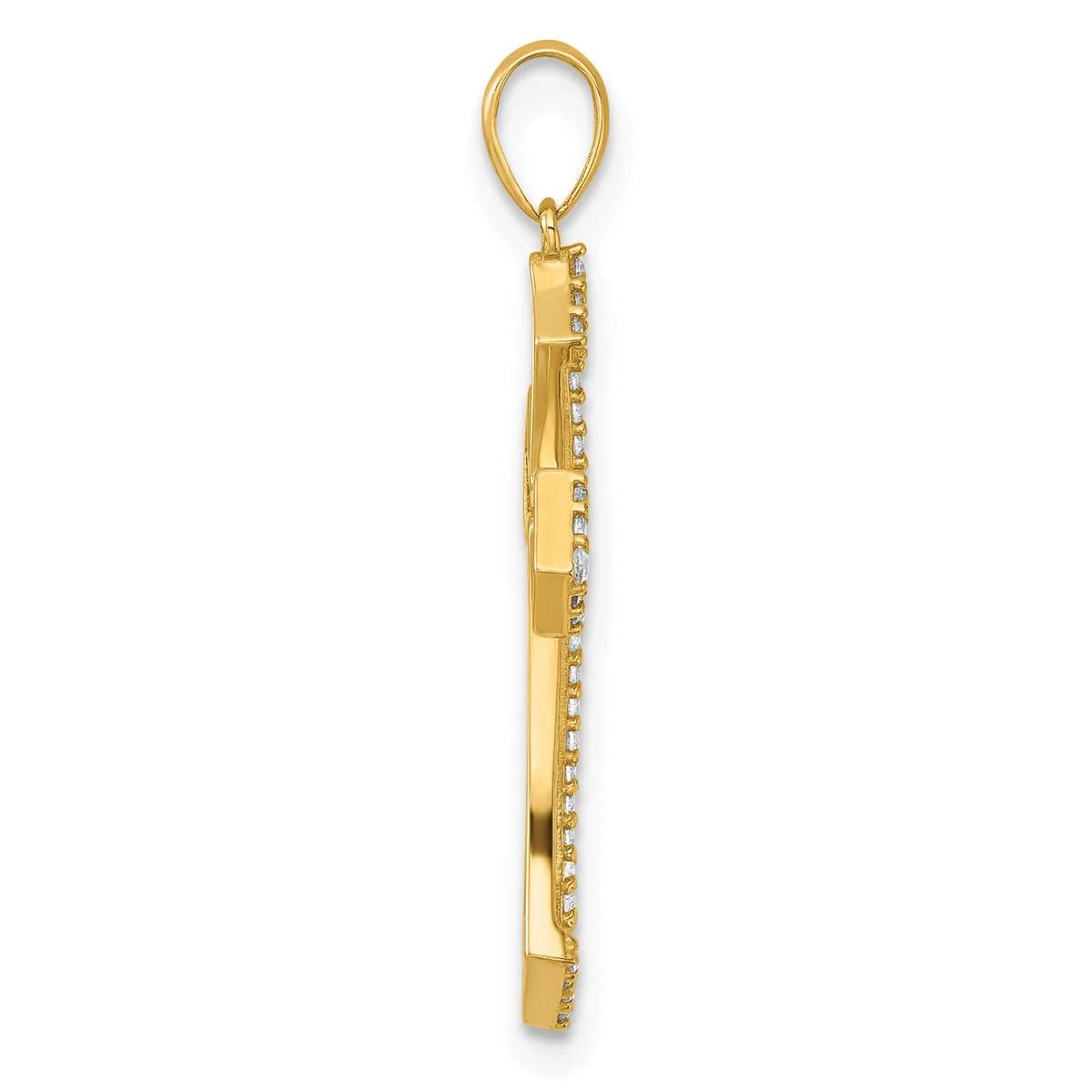 A vertical gold pendant with a rectangular shape, set with small diamonds along both sides, suspended from a gold loop bail.