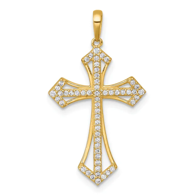 Gold cross pendant with cubic zirconia stones set throughout the design, featuring flared ends and a bail at the top for hanging.