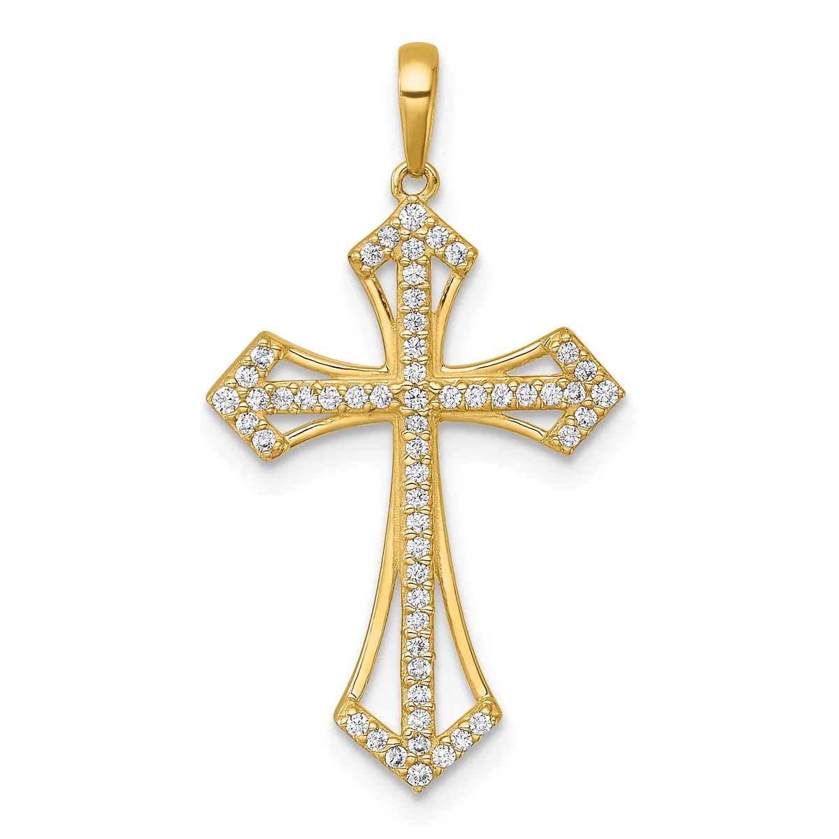 Gold cross pendant with cubic zirconia stones set throughout the design, featuring flared ends and a bail at the top for hanging.