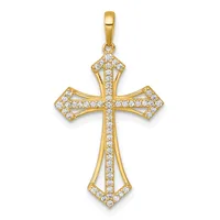 Gold cross pendant with cubic zirconia stones set throughout the design, featuring flared ends and a bail at the top for hanging.