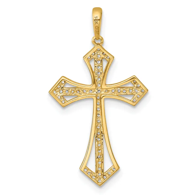 Gold cross pendant with crystal rhinestones set throughout the design, featuring a bail loop at the top for hanging.